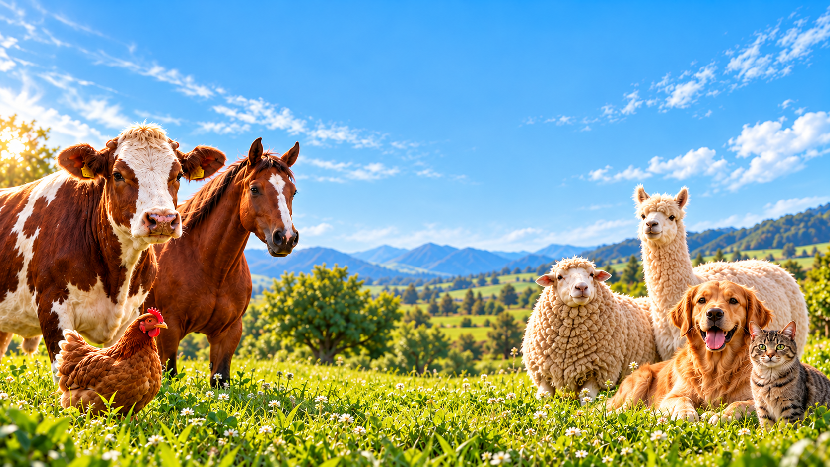 Paisaje de campo con vaca, caballo, oveja, alpaca, gallina, perro y gato.
